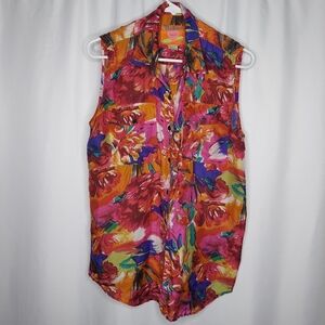 Protest Silk Top Sleeveless Multicolor Button Collar Abstract Floral Medium 90s
